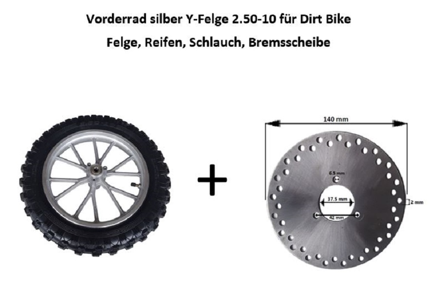 Komplettrad vorne 2.50-10 für Dirtbike Y-Speiche silber incl. geschlossener Bremsscheibe
