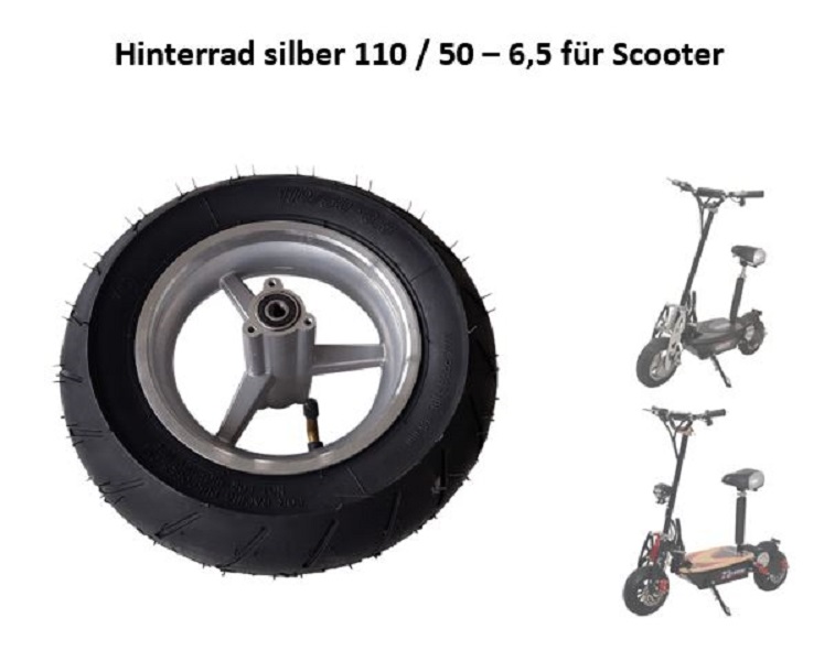 Komplettrad hinten 110/50-6.5 Straßenprofil für Scooter silber